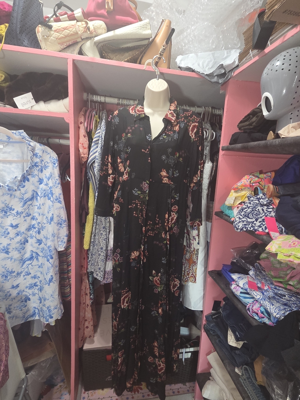 Zara Black Maxi Dress with Pink Rose Print